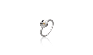 Macro dell'anello a fiore in argento S925 con fascia regolabile e marchio inciso