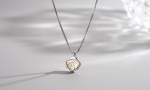 Macro shot of silver hexagon shell pendant necklace with radial texture and box chain