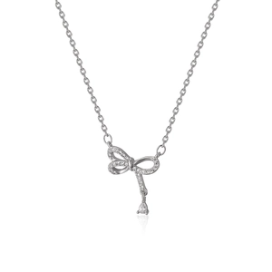 Elegant S925 sterling silver bow necklace with shimmering pavé zircon and pear-cut stone