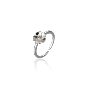 Anello a fiore in argento S925 con centro dorato e design a fascia aperta regolabile