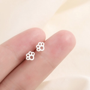 Boucles D Oreilles Patte D Animal Couleur Argent Creux Chat Chien Empreinte Cuivre Bijoux Poli Earring Post Pour Femmes