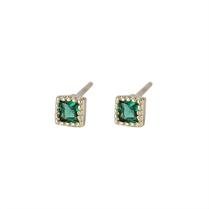 Minimalist square green zircon stud earrings with gold plating and millgrain borders