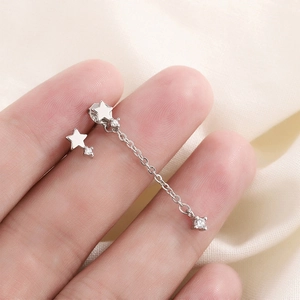 Asymmetric Star Drop Earrings Copper Zirconia Inlaid Long Chain Tassel Jewelry Gift For Women Elegant Sweet