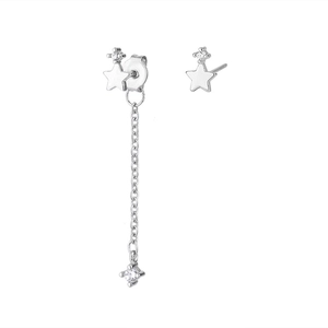 Asymmetric silver star stud earrings with long chain tassel and sparkling zircon stones