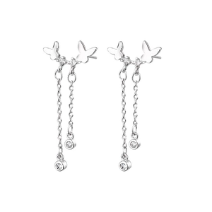 Elegant butterfly tassel earrings with silver finish and sparkling zircon stones