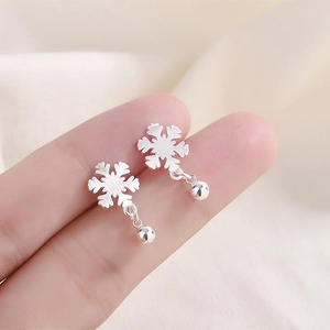 Brushed Snowflake Stud Earrings Copper Plated Drop Bead Korean Style Minimalist Sweet Jewelry For Women