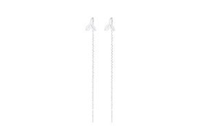 Close-up of S925 sterling silver tassel earrings with delicate leaf design on white background