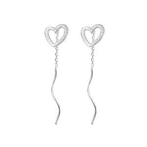 Minimalist silver sterling heart tassel drop earrings with hollow heart design on white background