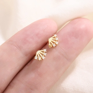 Fan Shaped Stud Earrings 14K Gold Plated Copper With Zircon French Minimalist Elegant Jewelry For Women Copper Earring Post