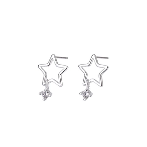 925 Sterling Silver hollow star stud earrings with dangling zircon crystal accents
