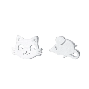 Cute asymmetric Tom and Jerry brushed silver stud earrings with cat and mouse designs