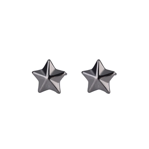 Asymmetric star and globe silver earrings in gunmetal finish with minimalist 3D facets