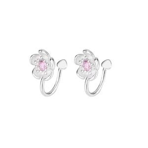 Detail of S925 silver cherry blossom ear cuffs with pink zircon and heart accents