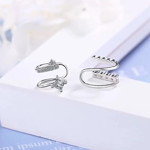 Silver double layer ear cuff with cubic zirconia for non-pierced ears in modern style