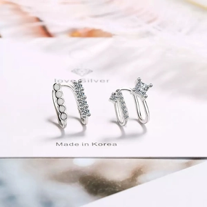 S925 silver double-layered ear cuff set with white beads and zircon for non-pierced ears