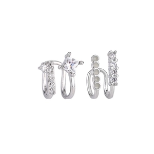 Silver double-layer ear cuffs with clear sparkling crystals and white enamel finish