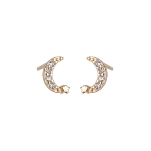 Exquisite gold-plated crescent moon and star stud earrings with pave-set zircon crystals