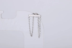 Detailed close-up of S925 sterling silver bar earrings with three delicate hanging chains