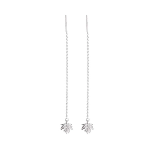 Detailed view of silver maple leaf tassel earrings with delicate long chain and fine engraving
