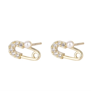 Close-up of gold paperclip earrings with micro-inlaid zircon and elegant white pearls