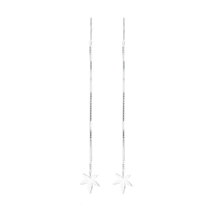 Minimalist silver maple leaf tassel drop earrings with long box chain design