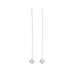 Minimalist silver leaf tassel threader earrings with delicate maple leaf pendants