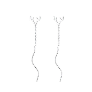 Silver antler drop earrings with long chain tassels and minimalist wave metal bar