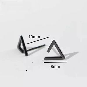 Detail view of 8mm black geometric triangle stud earrings with 10mm post dimensions