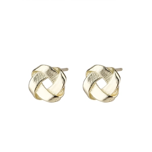 Minimalist gold knot stud earrings with textured finish for women shown on white background