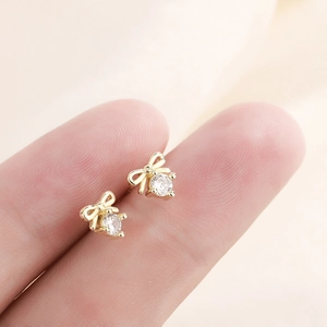 Gold Plated Bowknot Stud Earrings Copper Dainty Round Clear Zircon Elegant Sweet Minimalist Jewelry Gift For Women