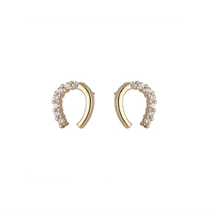 Elegant gold U-shaped horseshoe earrings with sparkling white cubic zirconia inlay