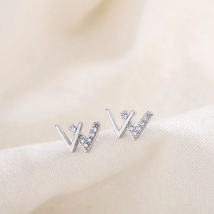 Minimalist S925 silver W-letter stud earrings with polished finish and micro-pave zircons