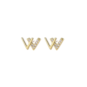 Minimalist gold S925 silver W-letter stud earrings featuring sparkling white zircon accents