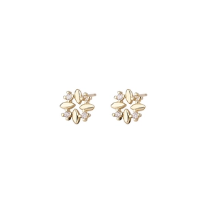 Minimalist flower shaped gold stud earrings with cubic zirconia stones on white background