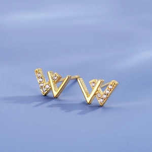 Elegant gold S925 silver W-shaped letter earrings with sparkling cubic zirconia inlay