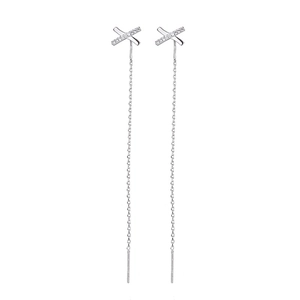 Silver long tassel drop earrings with X-cross design and shimmering cubic zirconia stones