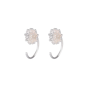 Silver 925 daisy flower C-shaped drop earrings with intricate beaded petal design