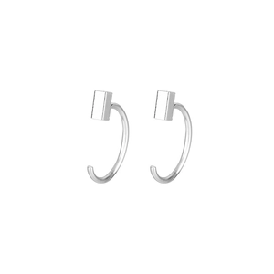 Minimalist silver geometric C-shaped earrings with rectangular metallic block detail