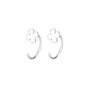 Minimalist silver four-leaf clover drop earrings with C-shaped hooks in polished finish