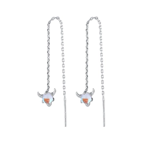 Silver threader earrings featuring moonstone horn pendants with long tassel chains