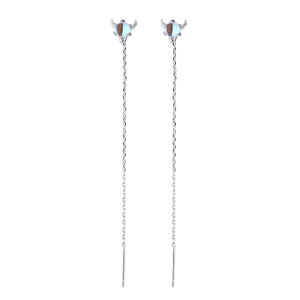 Detail of silver long tassel earrings with blue moonstone and horn design