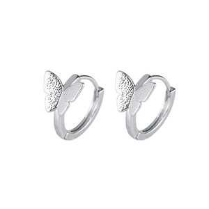 Minimalist silver butterfly stud earrings with matte frosted finish on white background