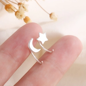 Minimalist Star And Moon Asymmetric Stud Earrings Polished Copper Jewelry For Women Tiny Delicate Creative Accessory