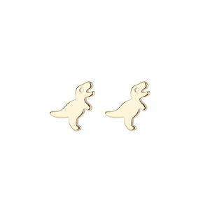 Cute minimalist golden T-Rex dinosaur stud earrings with polished finish on white background
