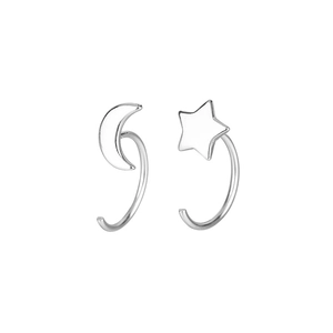 Sterling silver asymmetric earrings with minimalist star and moon dangle charms