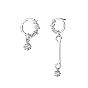 Asymmetric silver dangle earrings with sparkling zircons and long chains for women