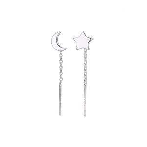 Asymmetric S925 sterling silver drop threader earrings with star and moon charms