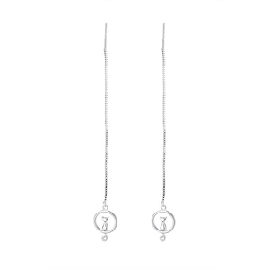 Long silver cat moon drop earrings with box chain tassels for a minimalist look