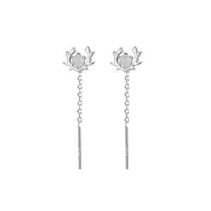 Silver antler threader earrings with moonstone beads and long tassels in minimalist style