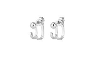 Detailed view of silver minimalist double-line drop earrings with polished sphere design